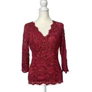 Papillon Blanc Red Floral Lace V-Neck Top XL 3/4 Sleeve Romantic Dressy Blouse